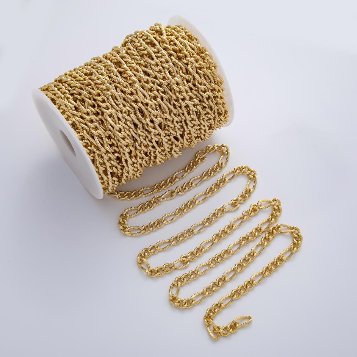 Medium Gold fancy figaro chain by yard, cable figaro chain, wholesale bulk roll chain for bracelet, necklaces jewelry making | ROLL-1769
