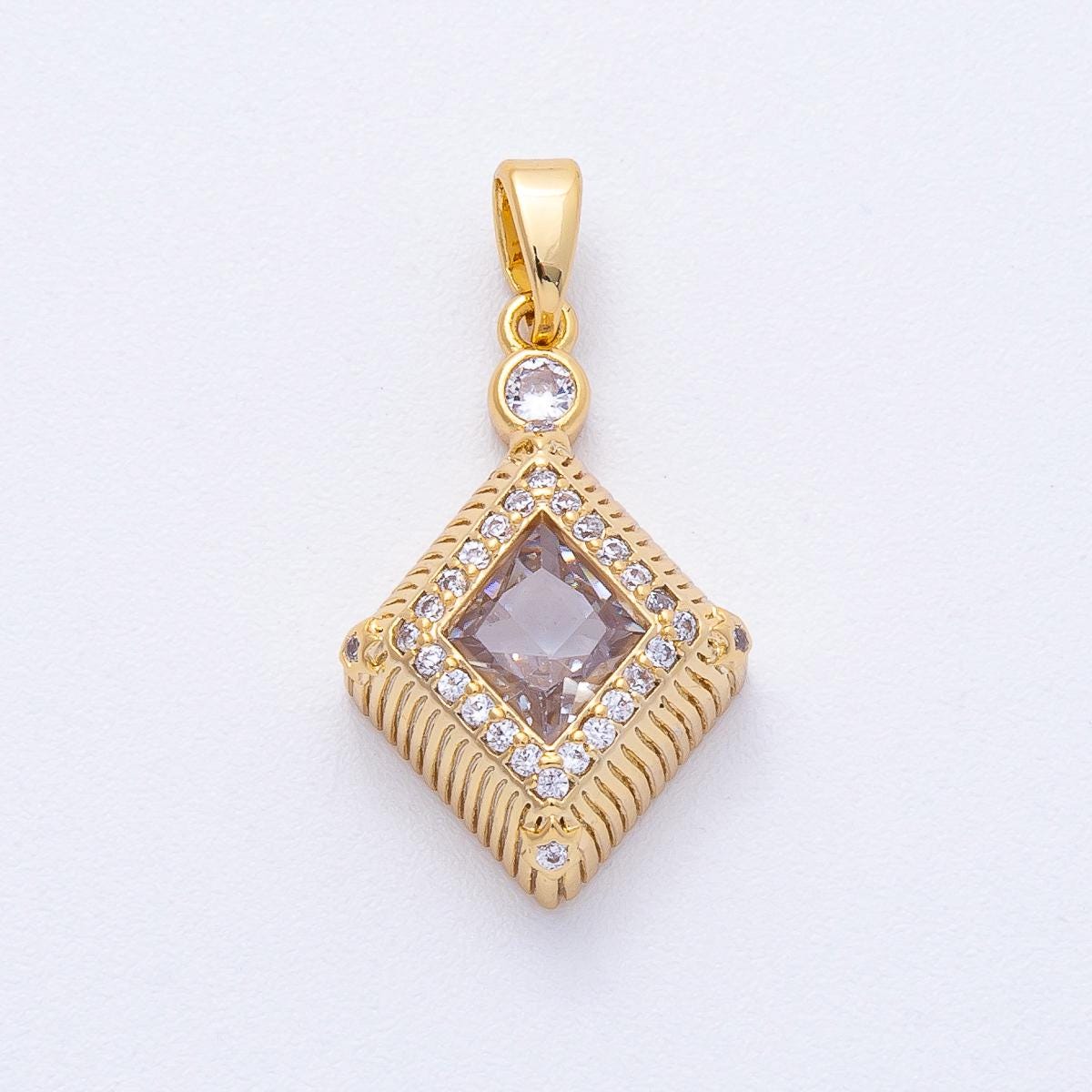 18K Gold Filled 21.9mm Clear CZ Micro Paved Ribbed Rhombus Pendant Geometric Shape Charm DIY Jewelry Making Supplies | AF1228