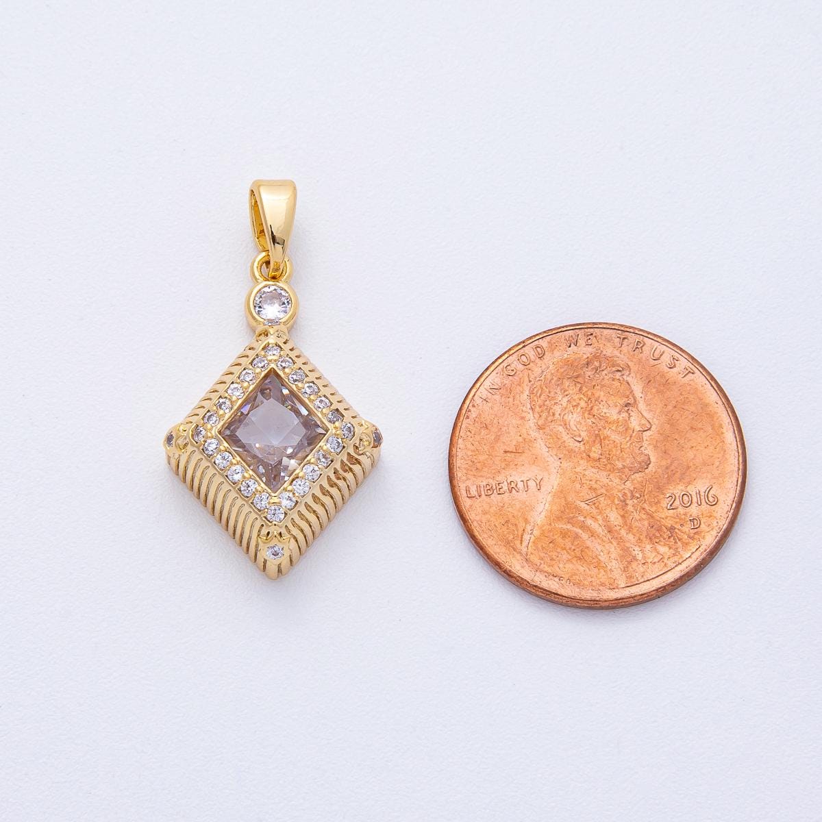 18K Gold Filled 21.9mm Clear CZ Micro Paved Ribbed Rhombus Pendant Geometric Shape Charm DIY Jewelry Making Supplies | AF1228