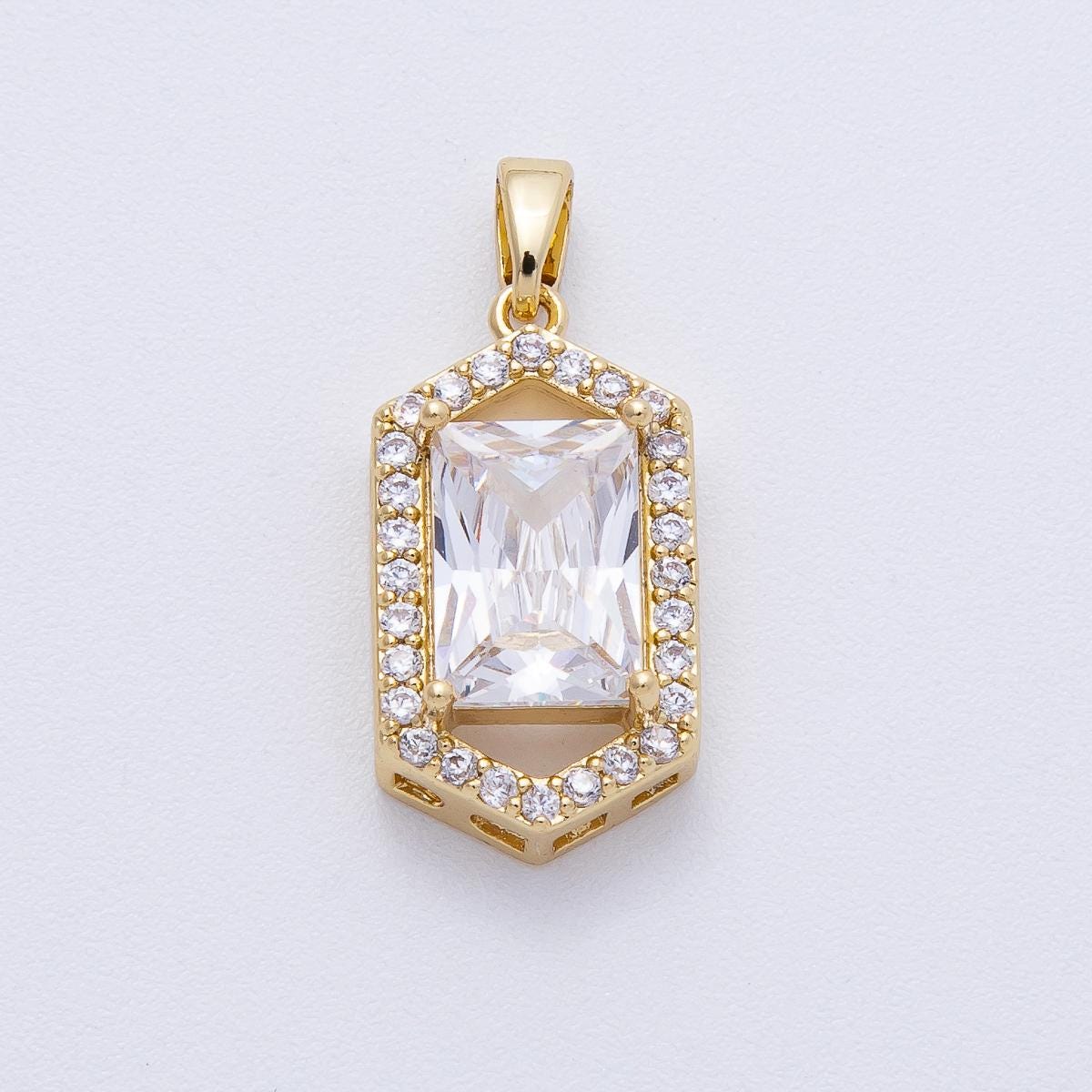 18K Gold Filled 20.4mm Clear Baguette Micro Paved CZ Hexagonal Pendant Geometric Shape Charm DIY Custom Jewelry Making Supplies | AF-1232