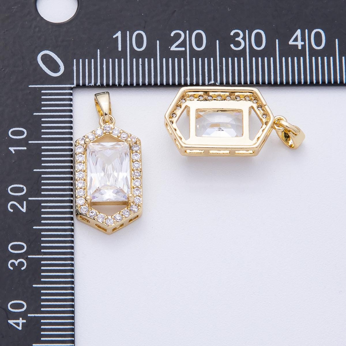 18K Gold Filled 20.4mm Clear Baguette Micro Paved CZ Hexagonal Pendant Geometric Shape Charm DIY Custom Jewelry Making Supplies | AF-1232