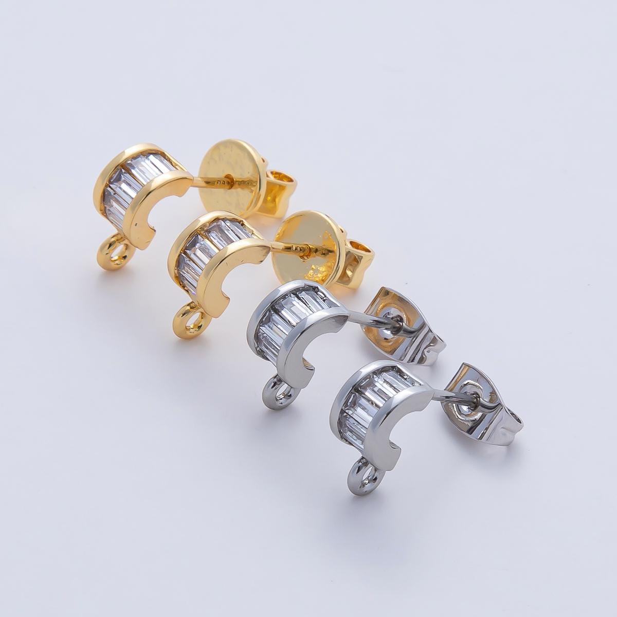 Mini 18K Gold Filled Geometric Earrings CZ Baguette Stud Earrings with Closed Loop for Jewelry Making Earring Supply Z-1638
