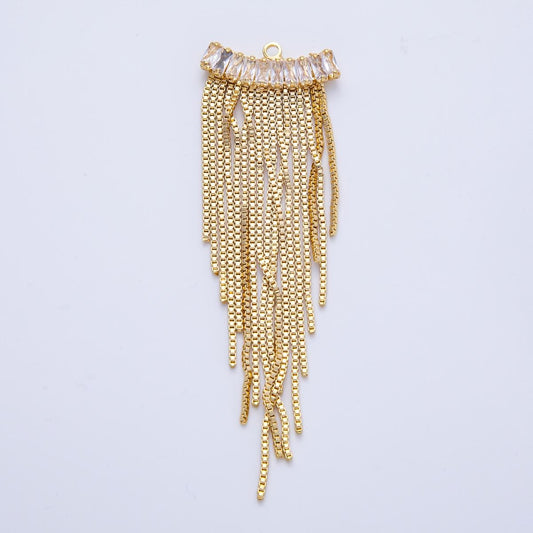 Gold Plated Box Chain Tassel Pendants Sweeper Drop Dangle Charms with Clear Baguette CZ for DIY Earrings & Necklaces Z1646