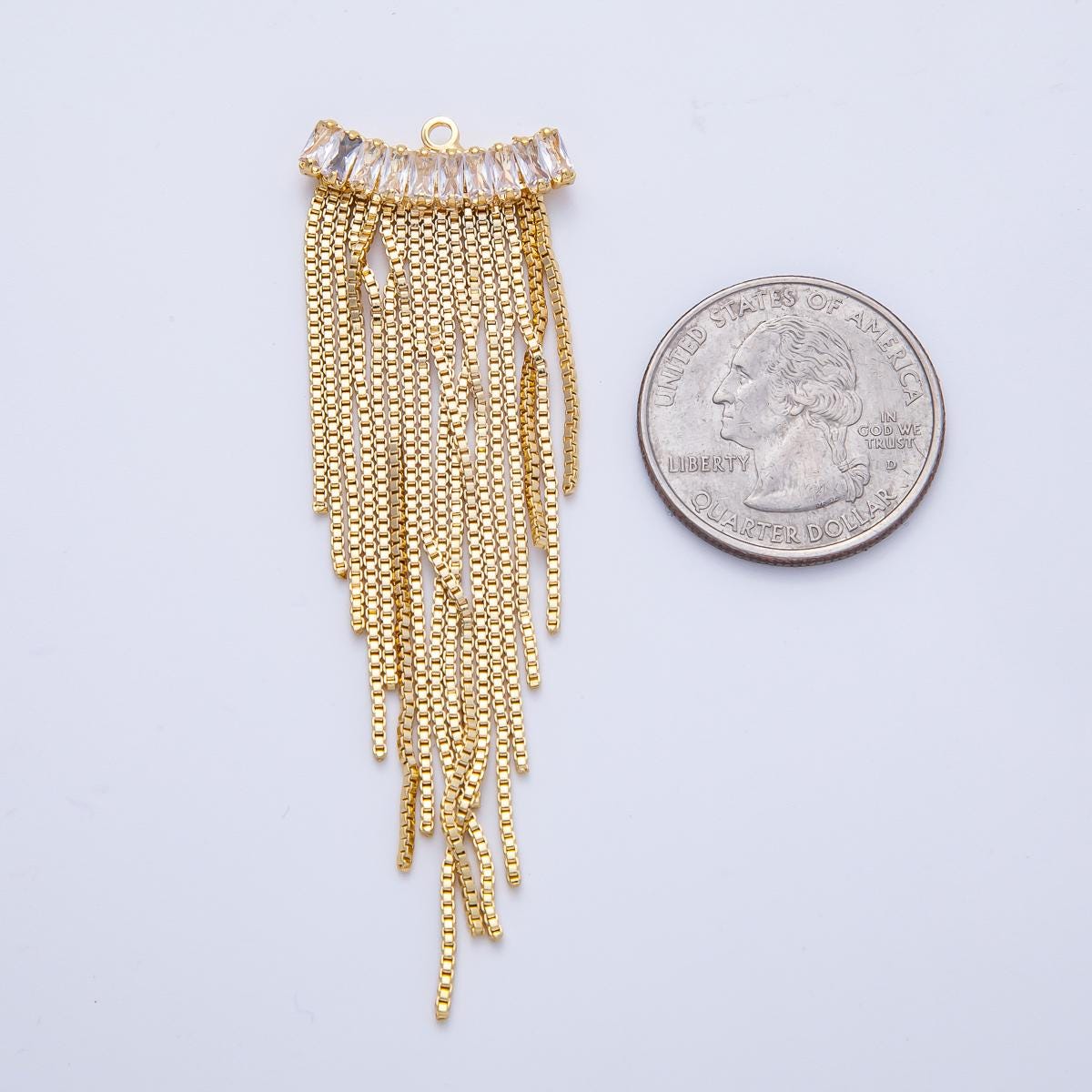 Gold Plated Box Chain Tassel Pendants Sweeper Drop Dangle Charms with Clear Baguette CZ for DIY Earrings & Necklaces Z1646