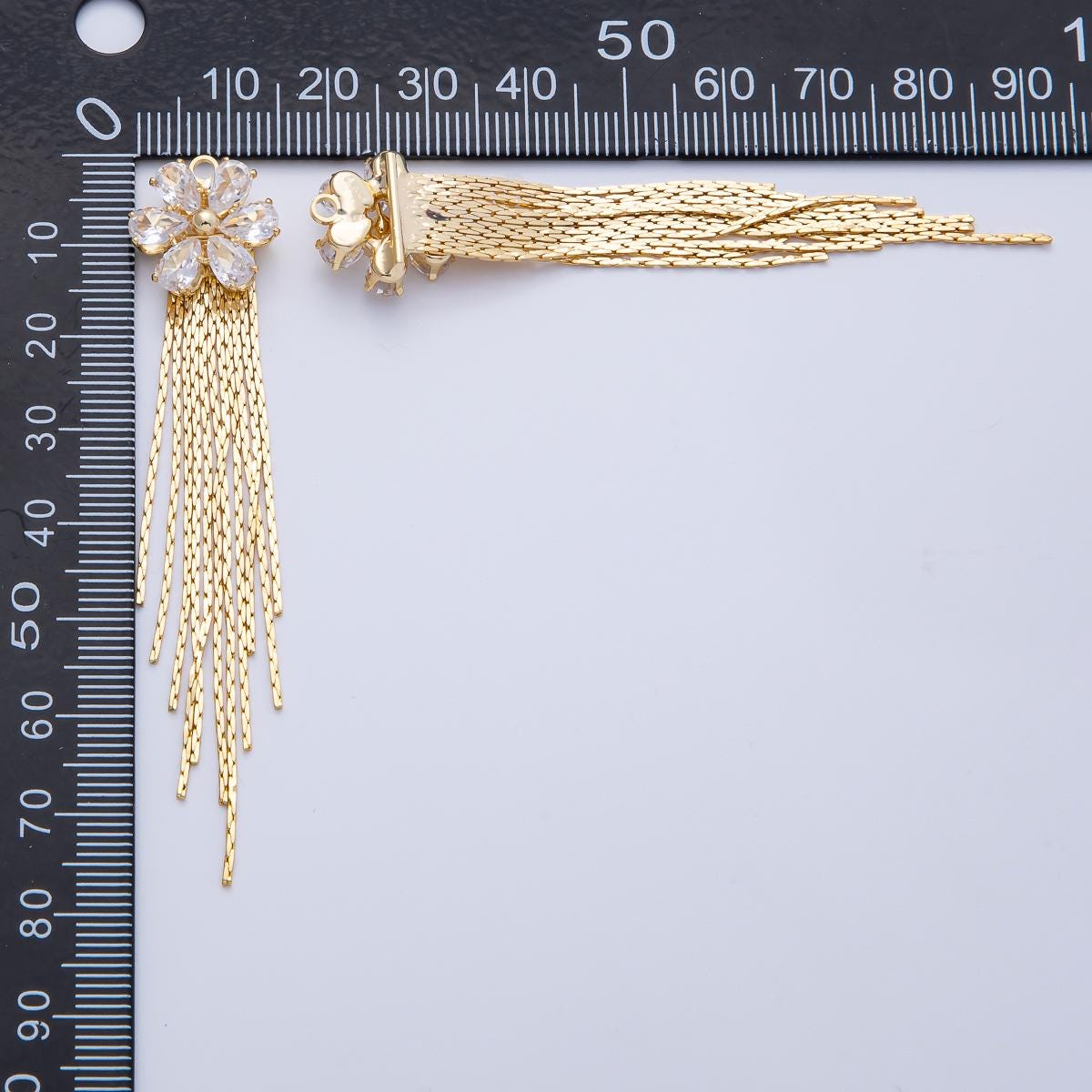 Drippy Gold Chain Tassel Pendants with Flower Clear CZ Dangle Charms for DIY Earrings & Necklaces Z1649