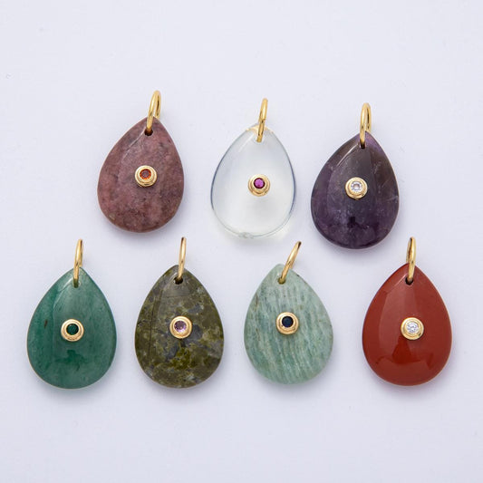 18K Gold Filled 25mm CZ Embedded Natural Gemstone Teardrop Charm DIY Jewelry Making Supply Birthstone for Necklace | AK109