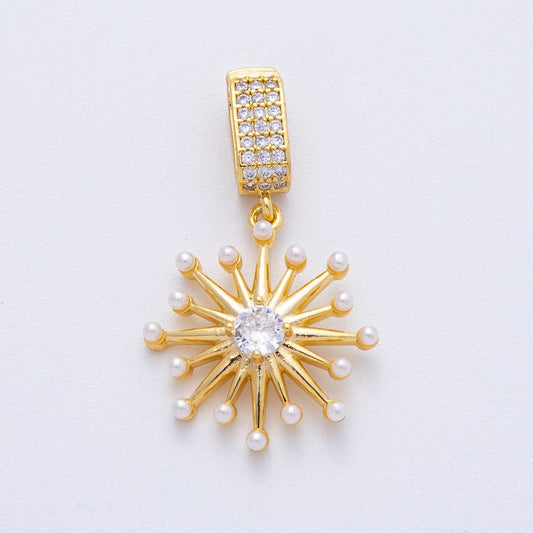 18K Gold Filled Shell Pearl Micro Paved CZ Celestial Sunburst Pendant Statement Piece DIY Jewelry Supply for Necklace | AF1212