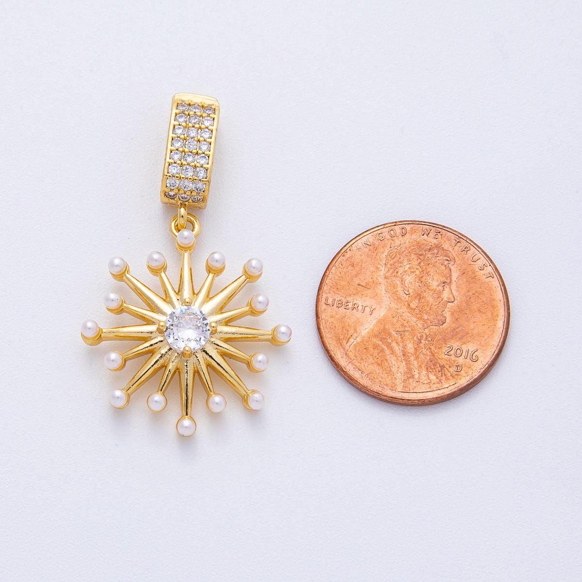 18K Gold Filled Shell Pearl Micro Paved CZ Celestial Sunburst Pendant Statement Piece DIY Jewelry Supply for Necklace | AF1212