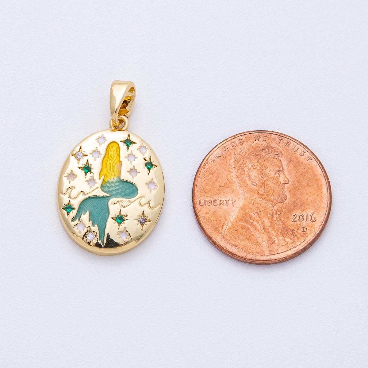18K Gold Filled 19.7mm Pretty Mermaid Engraved CZ Oval Pendant Ocean Theme DIY Jewelry Supply for Custom Necklace | AF1215