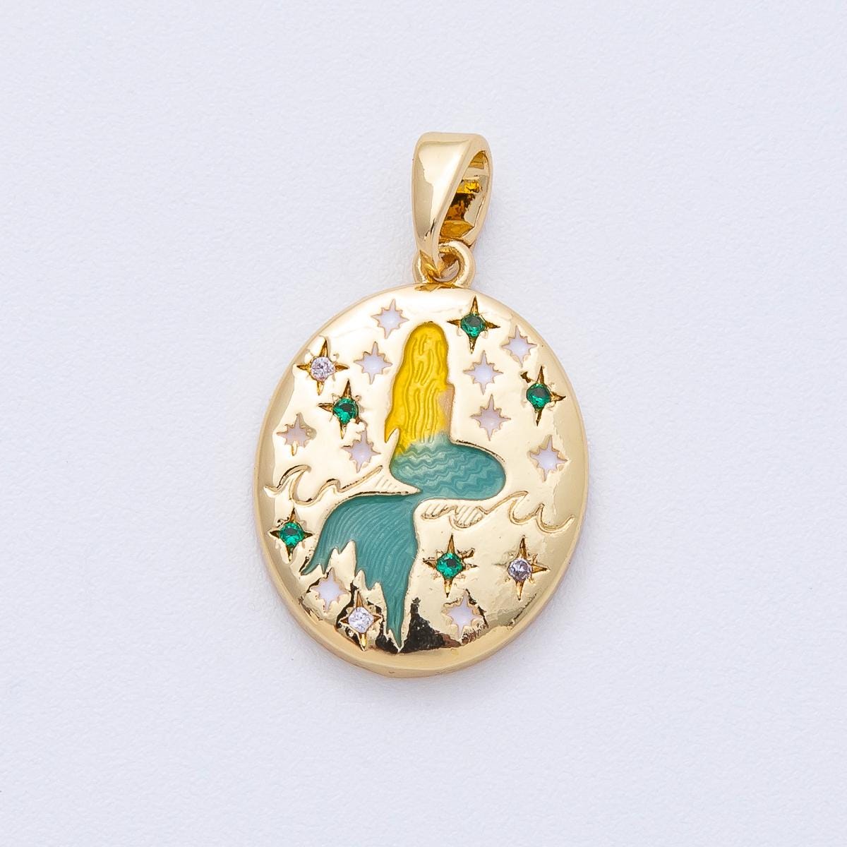 18K Gold Filled 19.7mm Pretty Mermaid Engraved CZ Oval Pendant Ocean Theme DIY Jewelry Supply for Custom Necklace | AF1215