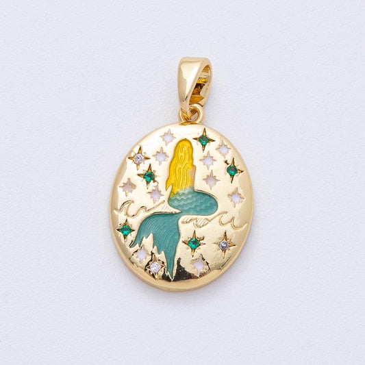 18K Gold Filled 19.7mm Pretty Mermaid Engraved CZ Oval Pendant Ocean Theme DIY Jewelry Supply for Custom Necklace | AF1215