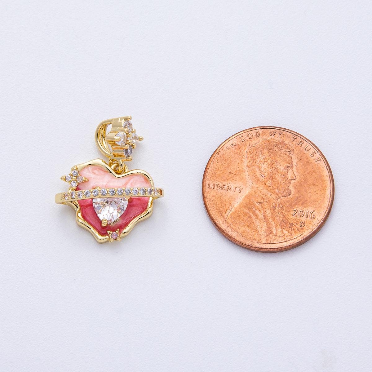 Molten drip Pink Enamel heart cz paved gold filled love charm | AF1213