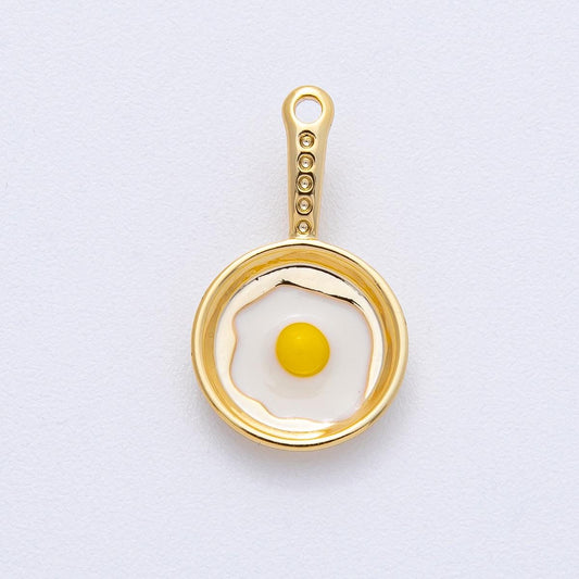 18K Gold Filled 20mm Sunny Side Egg Frying Pan Culinary Food Pendant Enamel Breakfast Piece DIY Jewelry Supply for Necklace | AF1218