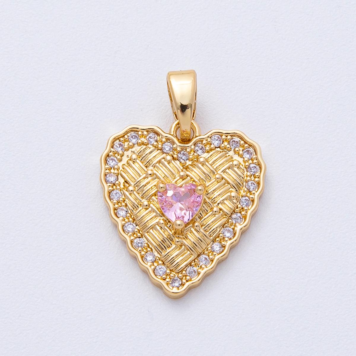 18K Gold Filled 16.6mm Pink CZ Woven Micro Paved CZ Heart Pendant | AF1236