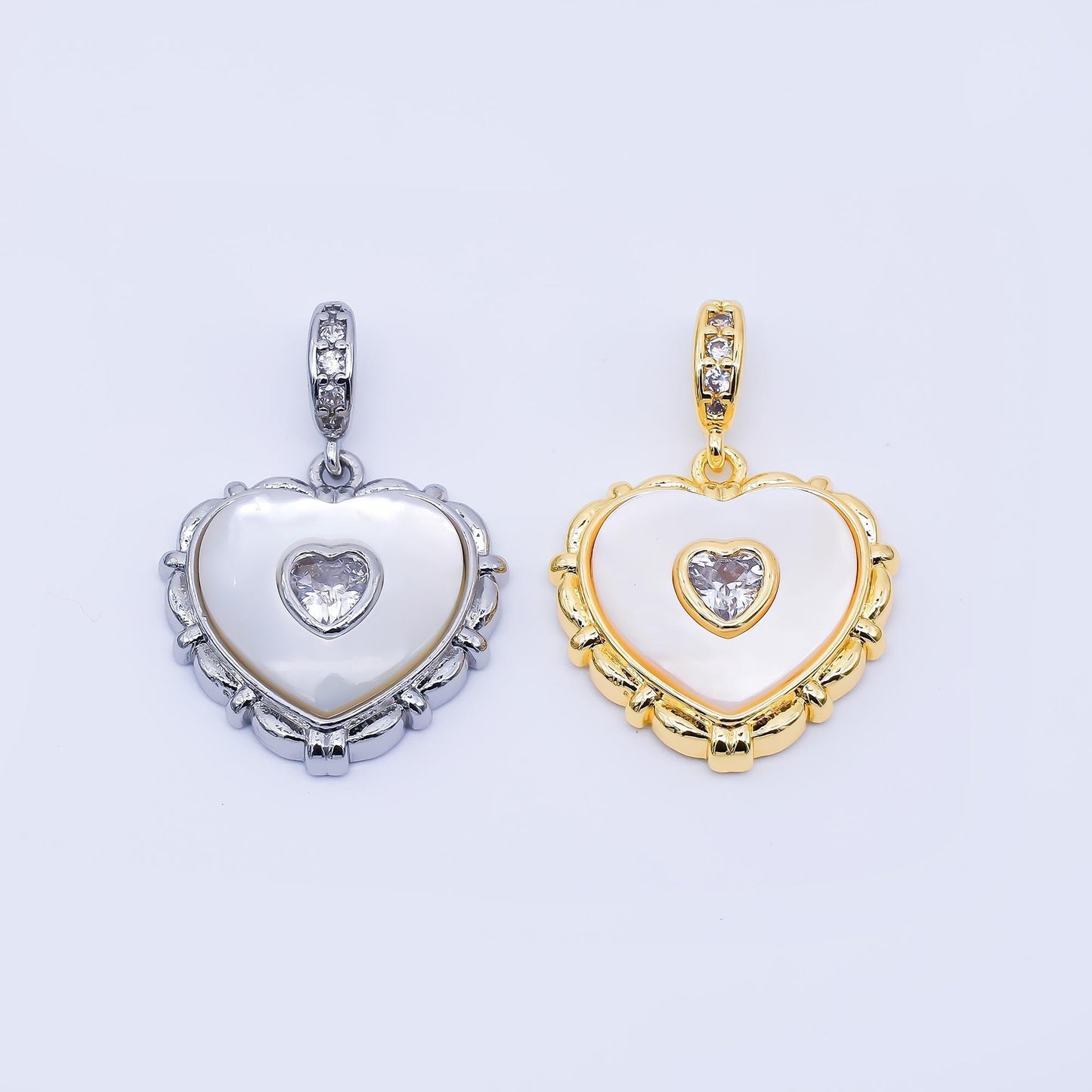 24K Gold Filled Clear CZ Shell Pearl Heart Pendant in Gold & Silver Love Necklace Charm DIY Jewelry Supply for Necklaces | AA1682