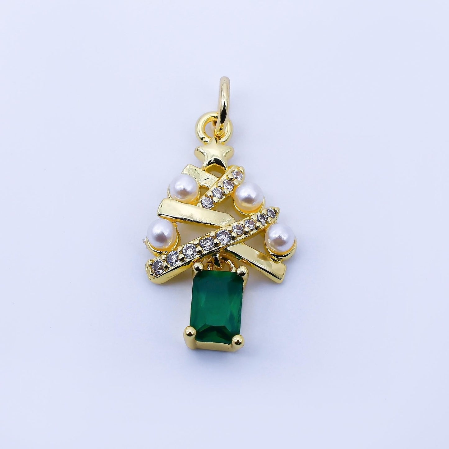 24K Gold Filled Green Baguette CZ Micro Paved Shell Pearl Christmas Tree Charm in Gold & Silver Festive Holiday Pendant DIY Jewelry | C940