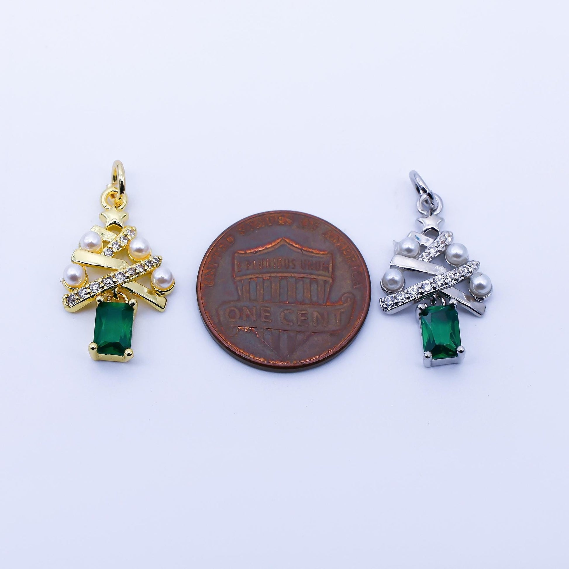 24K Gold Filled Green Baguette CZ Micro Paved Shell Pearl Christmas Tree Charm in Gold & Silver Festive Holiday Pendant DIY Jewelry | C940
