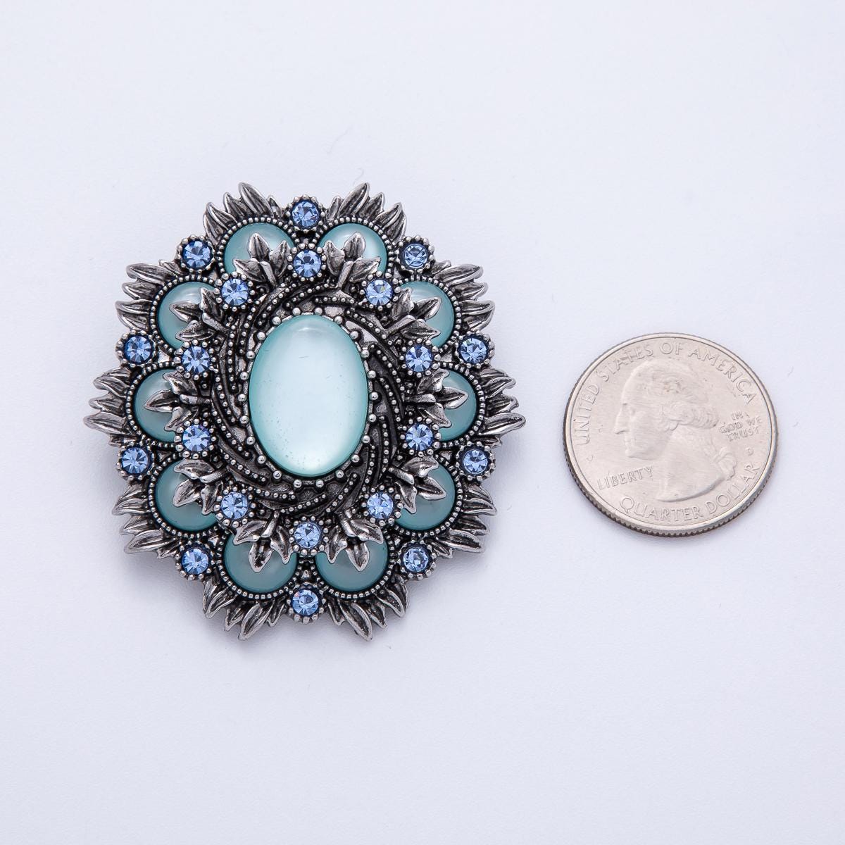 51.6mm Blue Vintage Brooch Pin Floral Antique Silver Mini Rhinestone with Turquoise Oval Cabochon for Coats Bags Scarves Jewelry | BH002
