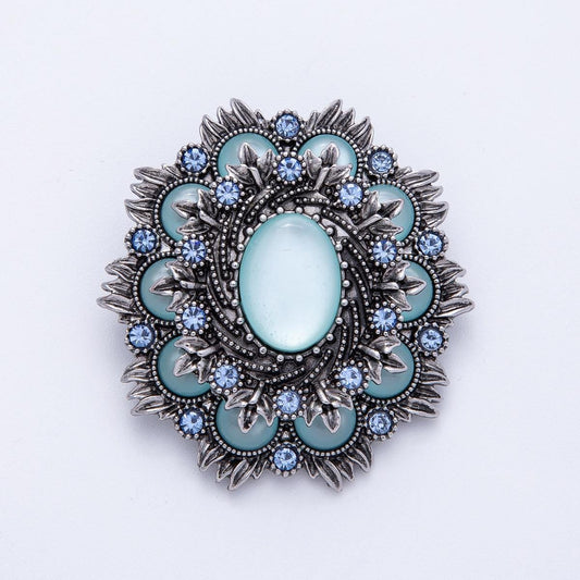 51.6mm Blue Vintage Brooch Pin Floral Antique Silver Mini Rhinestone with Turquoise Oval Cabochon for Coats Bags Scarves Jewelry | BH002