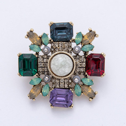 37.5mm Multicolor Vintage Brooch Antique Gold with Crystal Gemstones Statement Piece for Coats Bags Scarves Jewelry Accessory | BH003