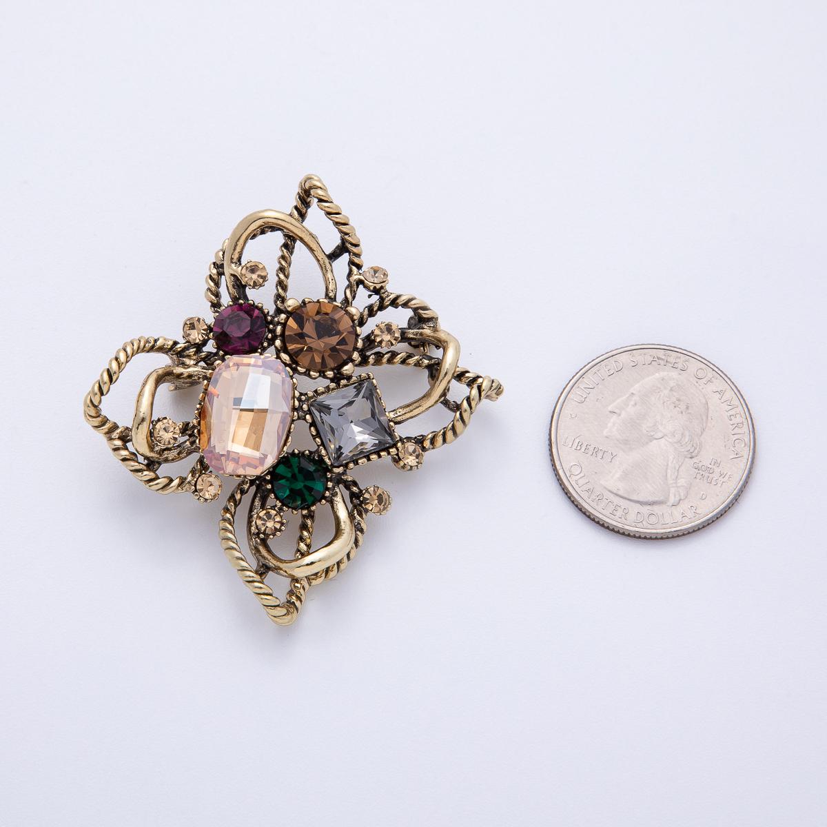 53mm Multicolor Brooch Antique Gold Retro Pin with Glass Diamond Crystals Statement Piece for Coats Bags Scarves Jewelry Accessory | BH004