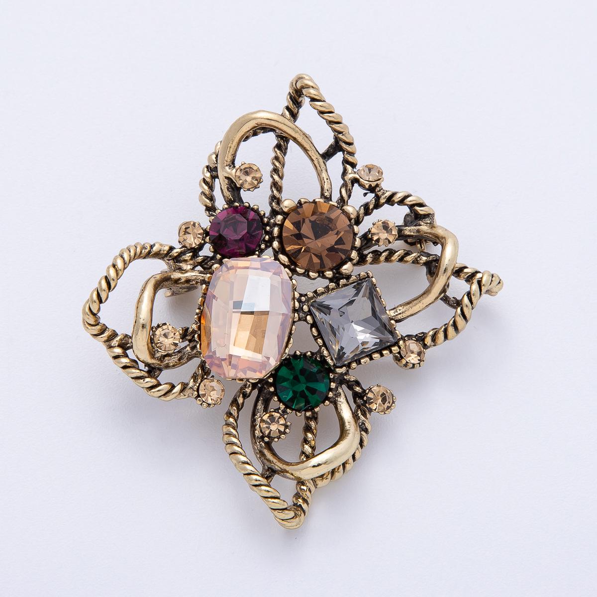 53mm Multicolor Brooch Antique Gold Retro Pin with Glass Diamond Crystals Statement Piece for Coats Bags Scarves Jewelry Accessory | BH004