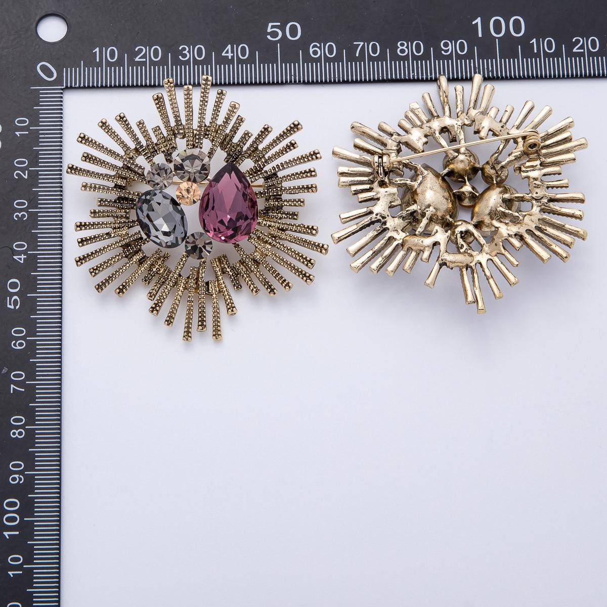 60.7mm Vintage Sunburst Antique Gold Diamond Crystal Pin Statement Piece for Coat Bags Scarves Elegant Jewelry Accessory | BH005