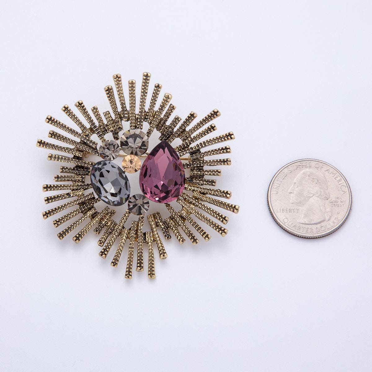 60.7mm Vintage Sunburst Antique Gold Diamond Crystal Pin Statement Piece for Coat Bags Scarves Elegant Jewelry Accessory | BH005