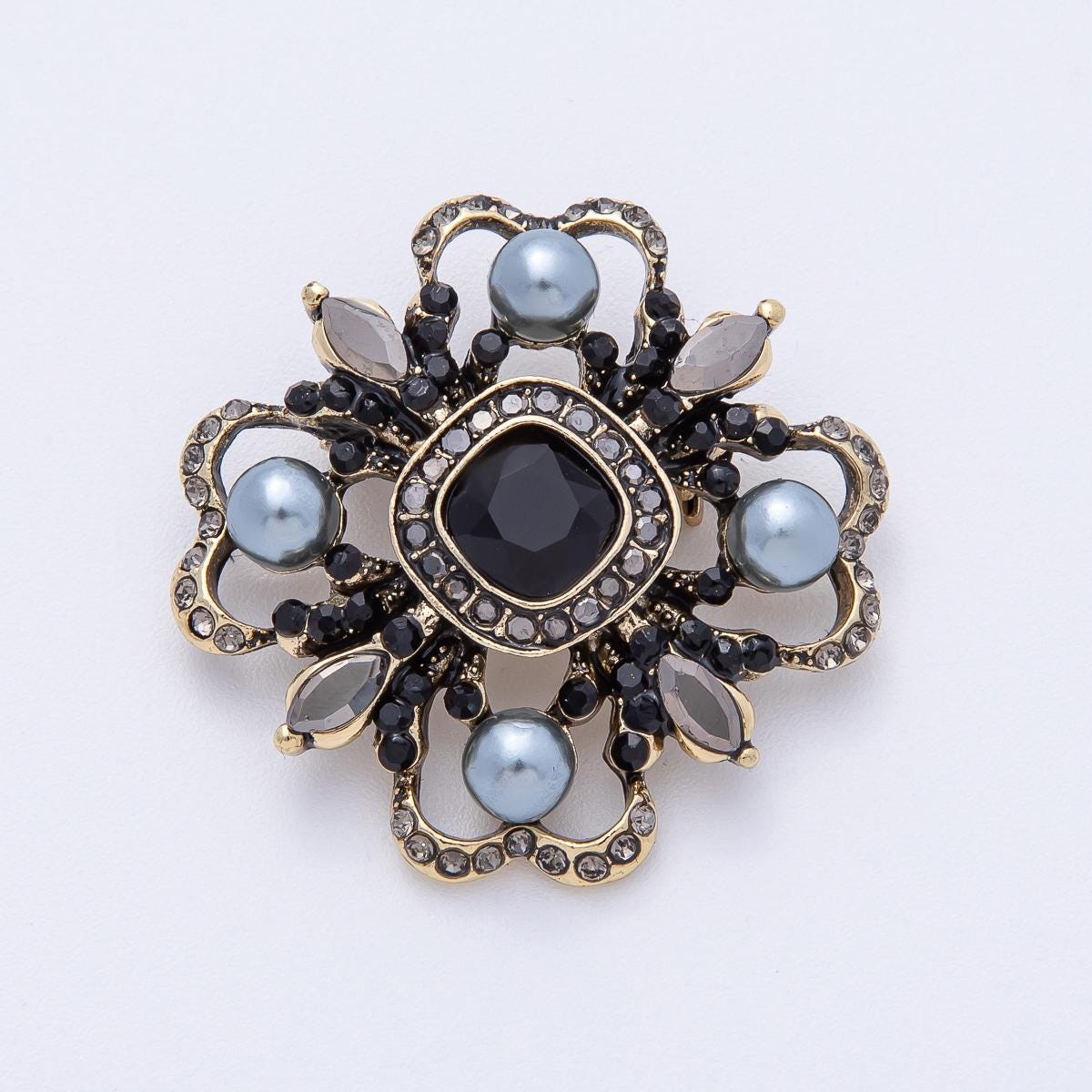 37.5mm Vintage Crystal & Pearl Brooch Antique Flower Pin Statement Piece for Coats Scarves Bags Elegant Fashion Accessory | BH006