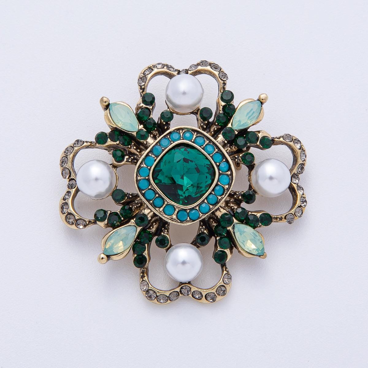 37.5mm Vintage Crystal & Pearl Brooch Antique Flower Pin Statement Piece for Coats Scarves Bags Elegant Fashion Accessory | BH006