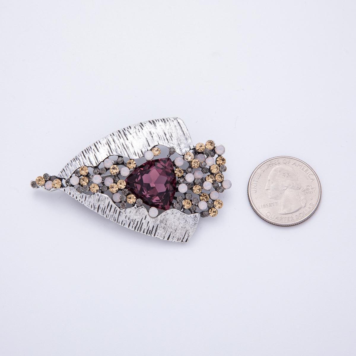 65.9mm Vintage Silver Bouquet Brooch with Plum Glass Crystal Elegant Antique Statement Pin for Coat Bags Scarves Jewelry Accessory | BH008