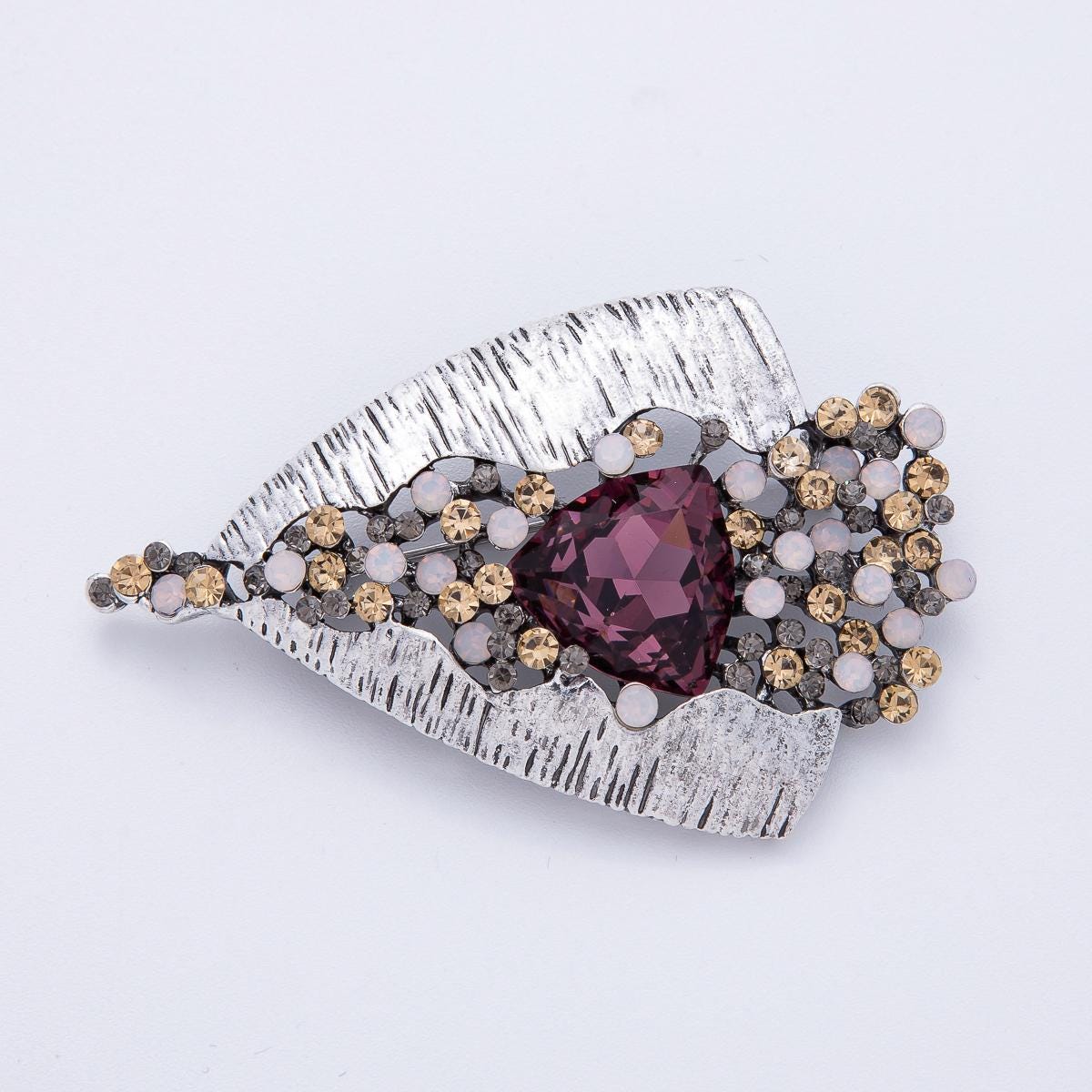 65.9mm Vintage Silver Bouquet Brooch with Plum Glass Crystal Elegant Antique Statement Pin for Coat Bags Scarves Jewelry Accessory | BH008