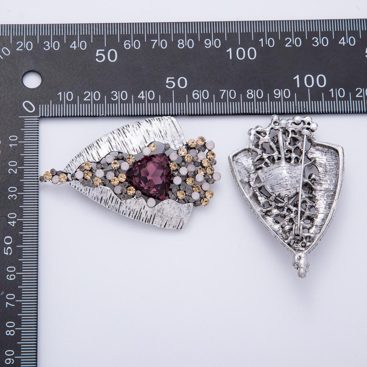 65.9mm Vintage Silver Bouquet Brooch with Plum Glass Crystal Elegant Antique Statement Pin for Coat Bags Scarves Jewelry Accessory | BH008