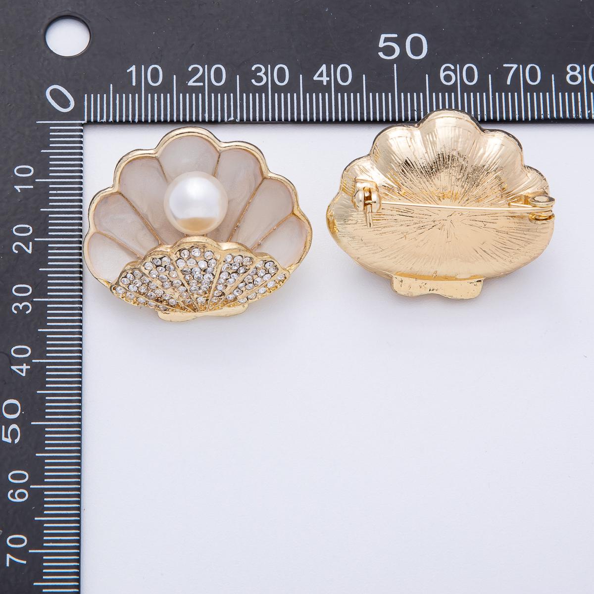 18k Gold Filled 35.2mm Micro Paved CZ Seashell Brooch with Freshwater Pearl Mermaid Aesthetic Pin for Coats Bags Scarves Jewelry | BH009