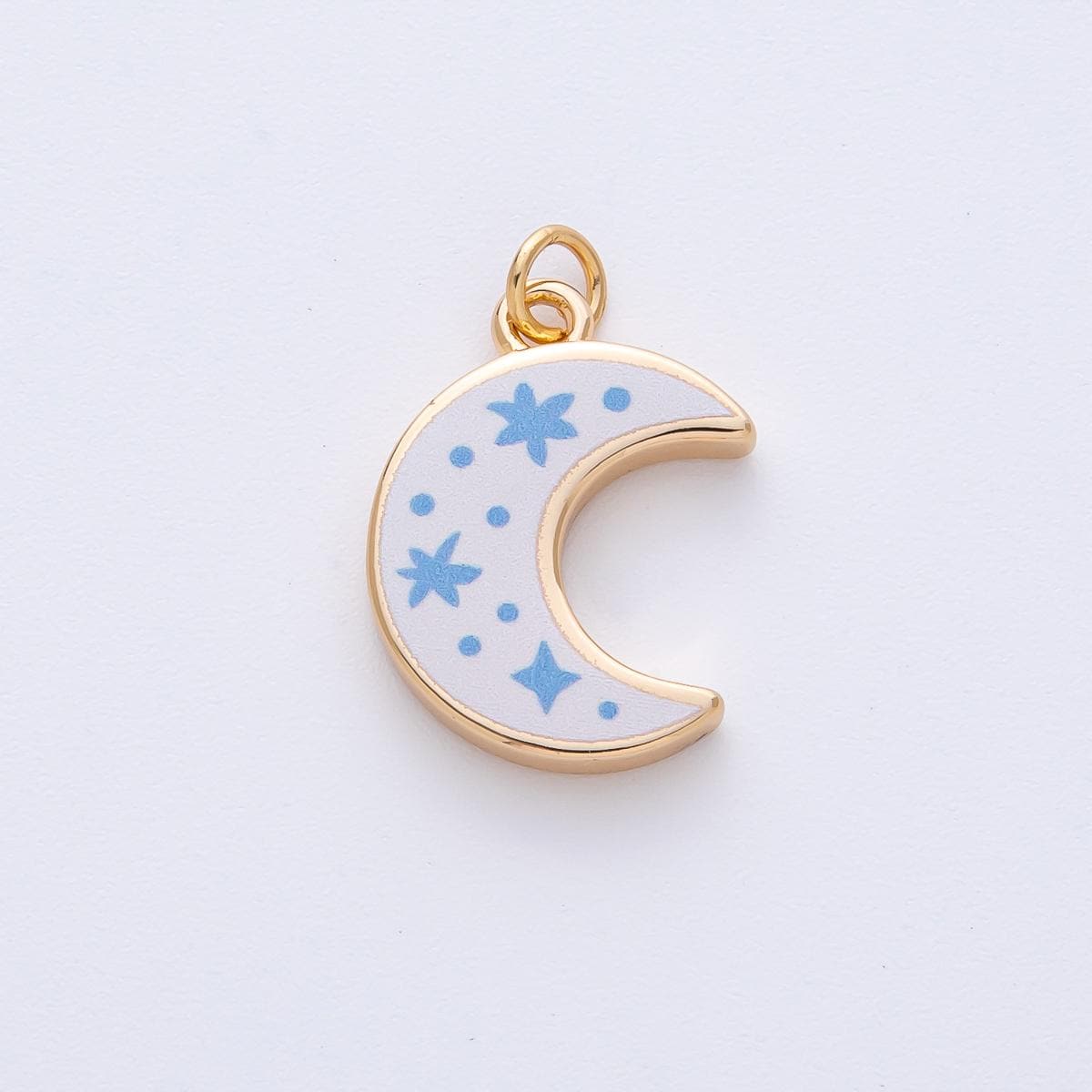 18k Gold Filled 21.2mm White Crescent Moon Charm with Blue Stars DIY Jewelry Supply for Custom Necklace & Bracelet | AF1612