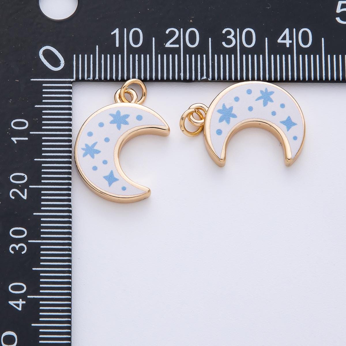 18k Gold Filled 21.2mm White Crescent Moon Charm with Blue Stars DIY Jewelry Supply for Custom Necklace & Bracelet | AF1612