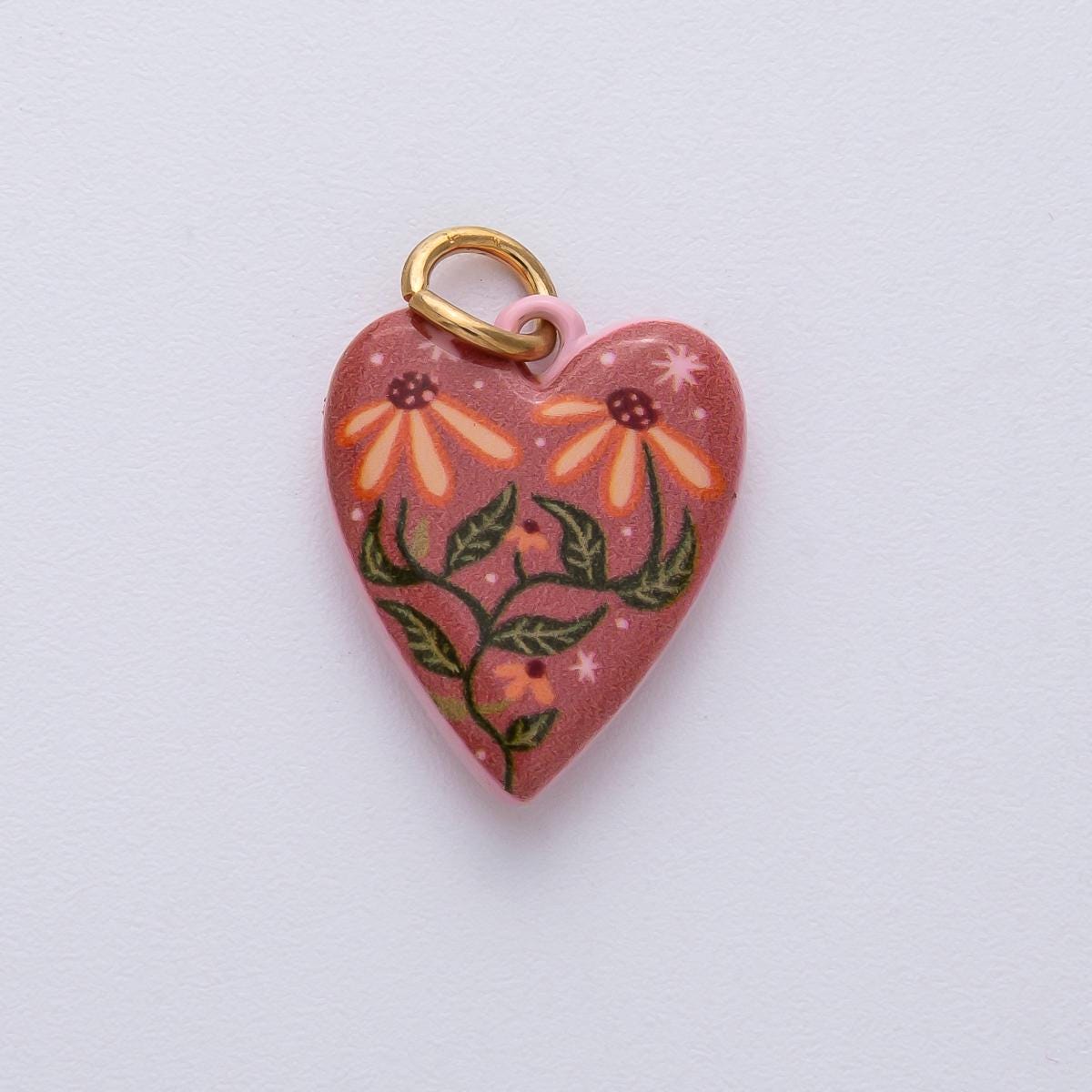 19.5mm Ceramic Heart Charm 18k with Floral Painting Double Sided DIY for Necklace Bracelet Jewelry Making Supply | AF1617