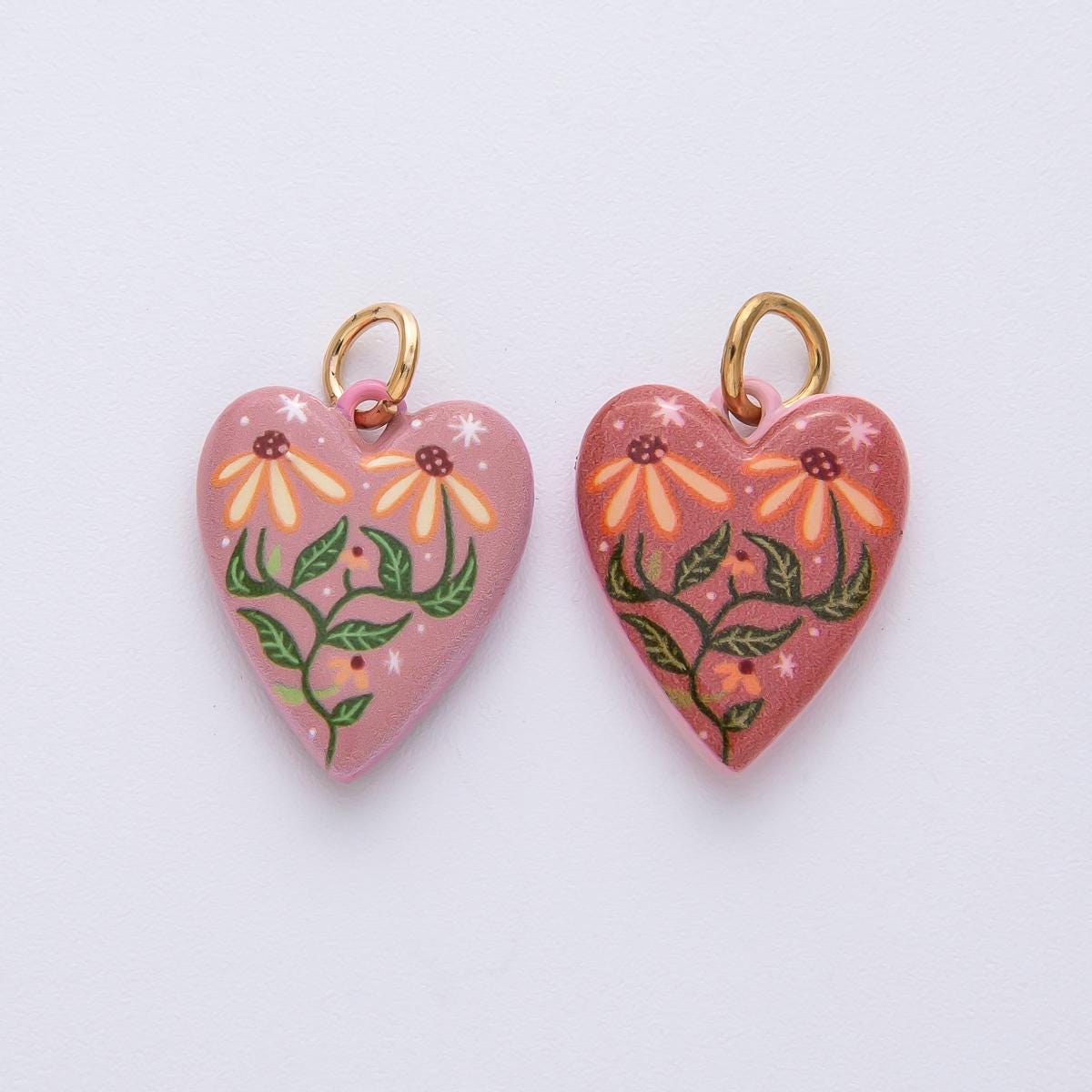 19.5mm Ceramic Heart Charm 18k with Floral Painting Double Sided DIY for Necklace Bracelet Jewelry Making Supply | AF1617