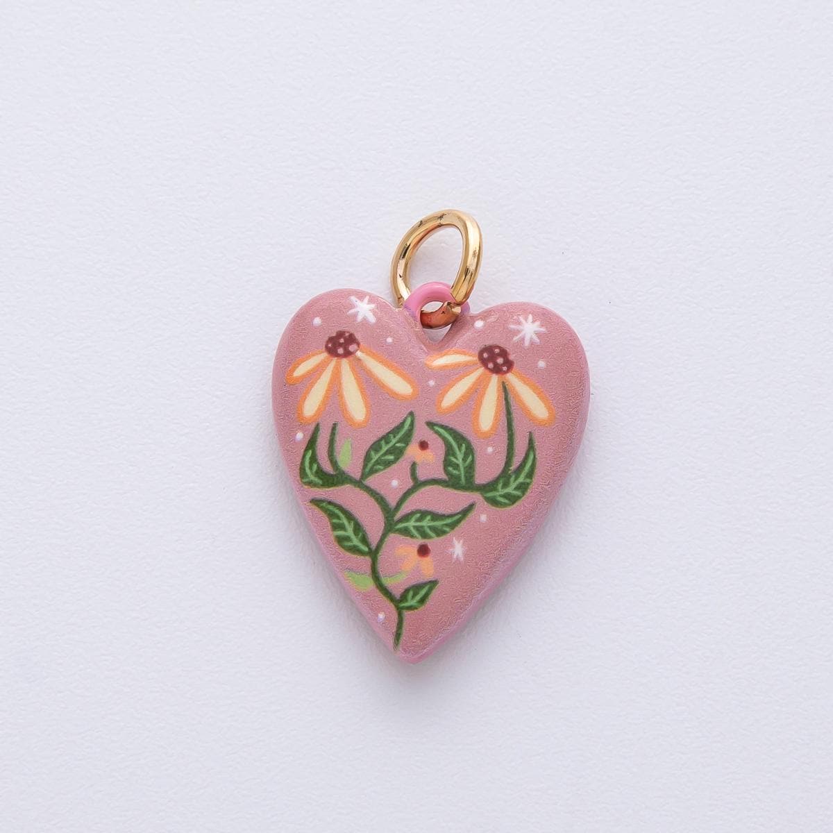 19.5mm Ceramic Heart Charm 18k with Floral Painting Double Sided DIY for Necklace Bracelet Jewelry Making Supply | AF1617