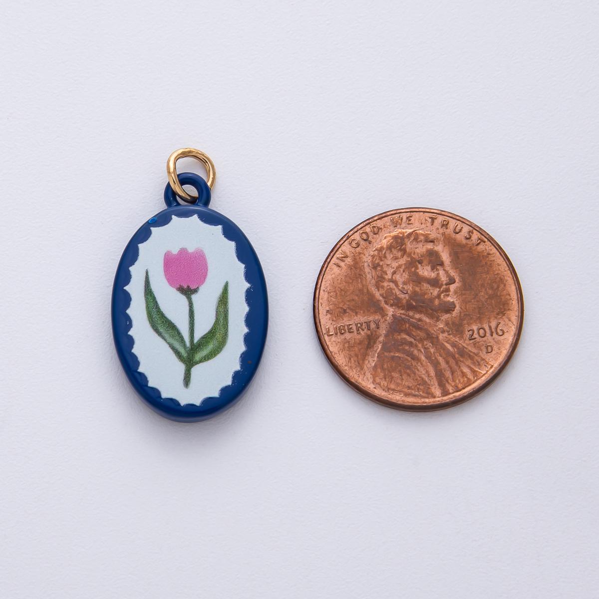 23.2mm Dainty Floral Ceramic Charm Handmade Pink and Blue Flower Painting DIY Jewelry Making Supply for Custom Necklace & Bracelet | AF1624