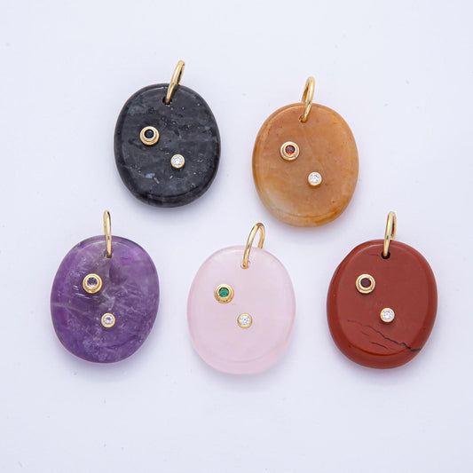 18K Gold Filled Natural Stone Pendant Geometric Oval Charm with Double CZ Gem Necklace for DIY Jewelry Making Supply Necklace | AK060