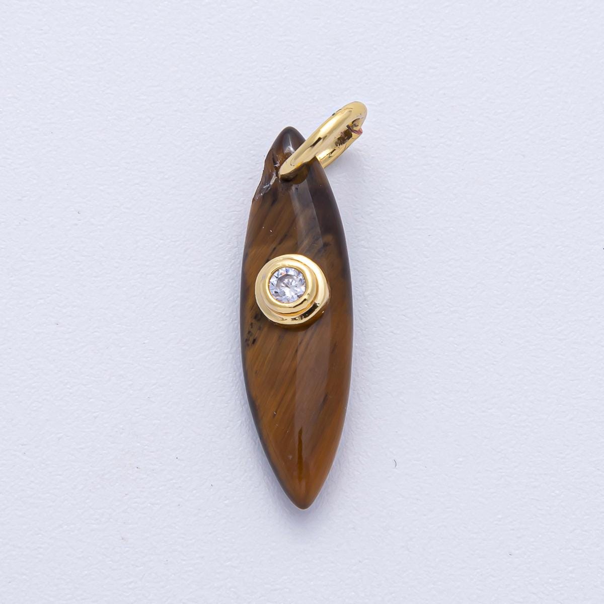 18k Gold Filled 23.9mm Long Thin Oval Drop Charm with Clear CZ in Center Marqusie Rose Quartz, Tiger Eye, Turquoise Green Aventurine | AK127