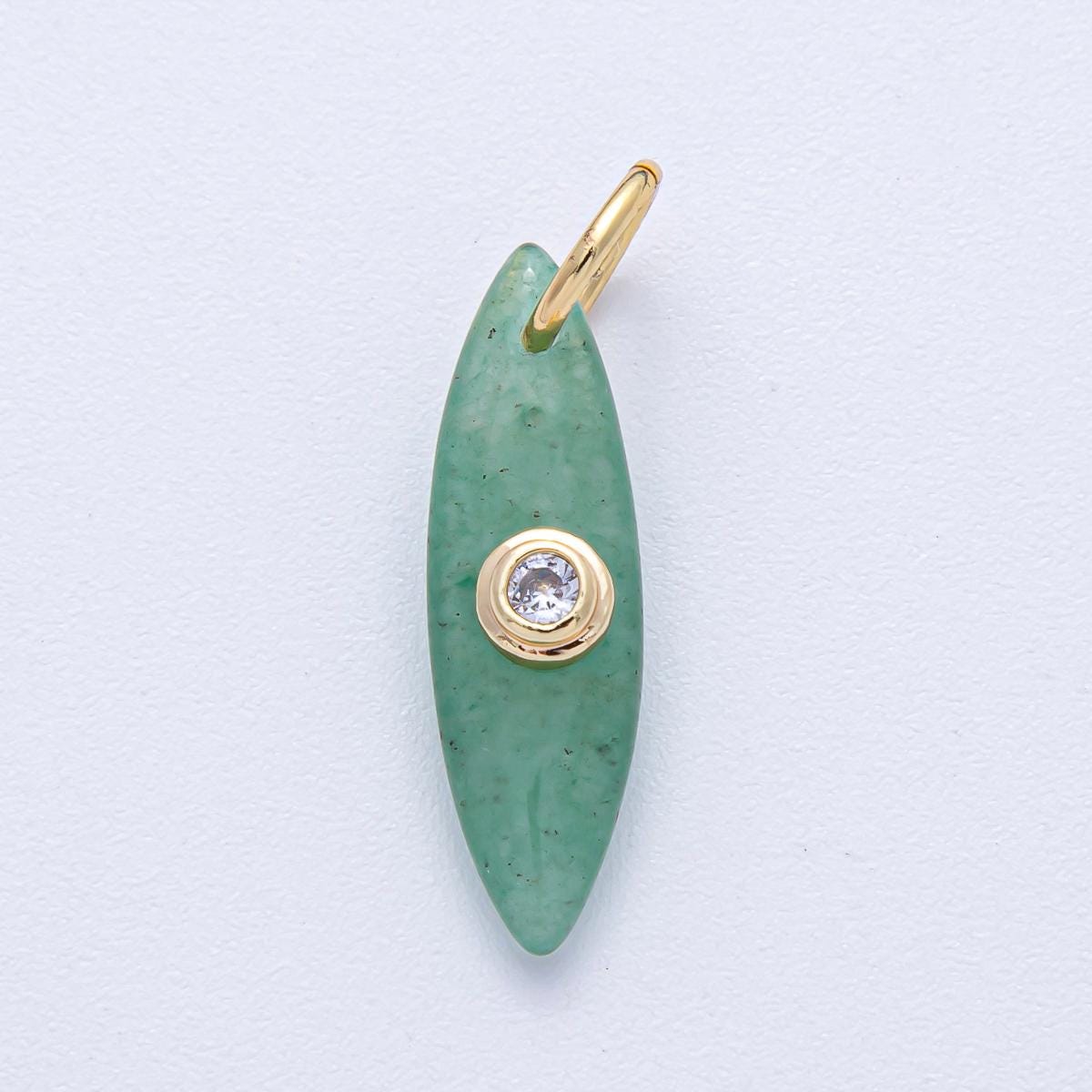 18k Gold Filled 23.9mm Long Thin Oval Drop Charm with Clear CZ in Center Marqusie Rose Quartz, Tiger Eye, Turquoise Green Aventurine | AK127