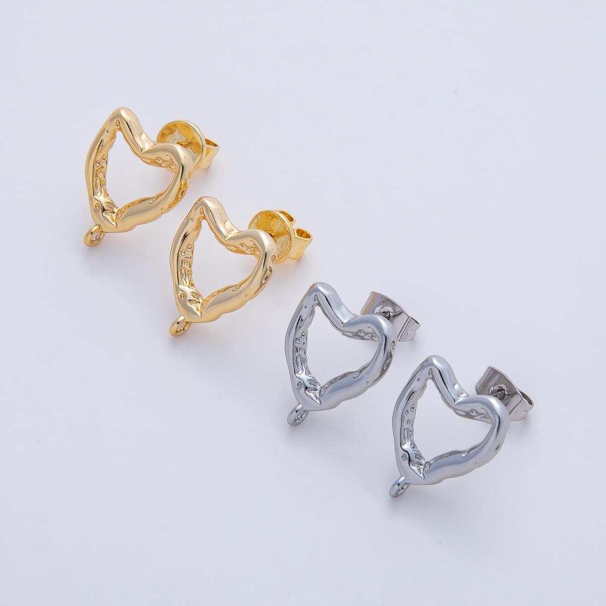 Mini 18K Gold Filled Molten Heart Stud Earrings with Closed Loop for Jewelry Making Earring Supply Z-1639