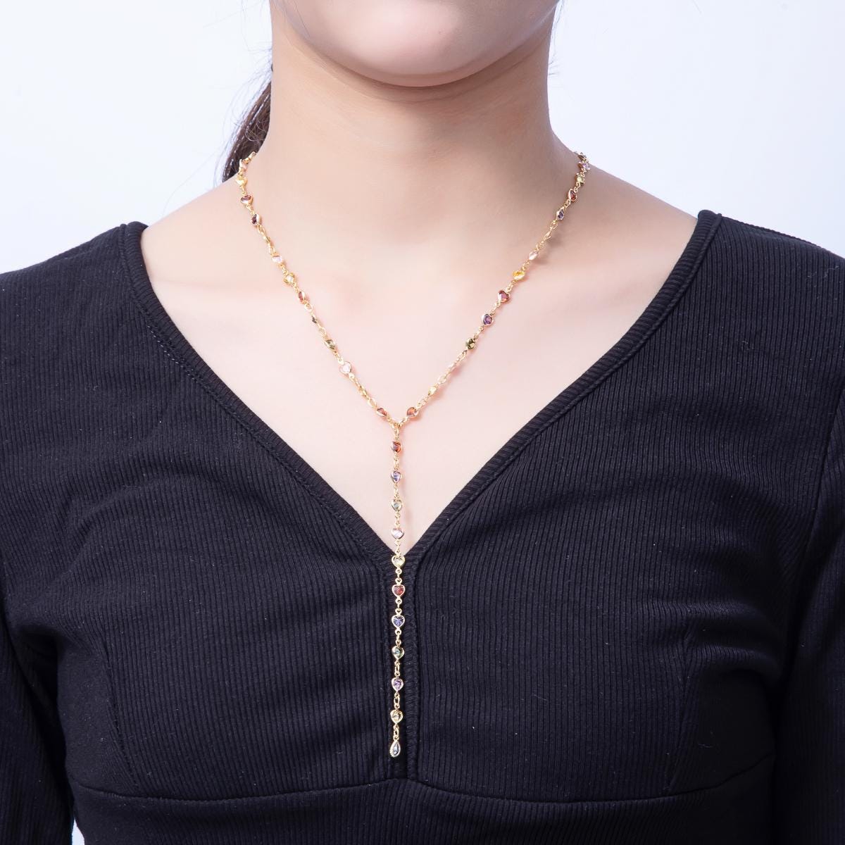 18K Gold Filled Lariat Necklace Clear, Multi Color Heart CZ Necklace, Minimalist Jewelry Long Gold Necklace 17.8 inch for Valentine WA-3967