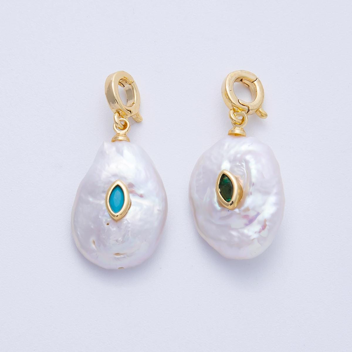 18k Mini White pearl charms With Turquoise Green CZ pendants dainty charm necklace pendant 15 mm pearl drop with bail enhancer | AF-641