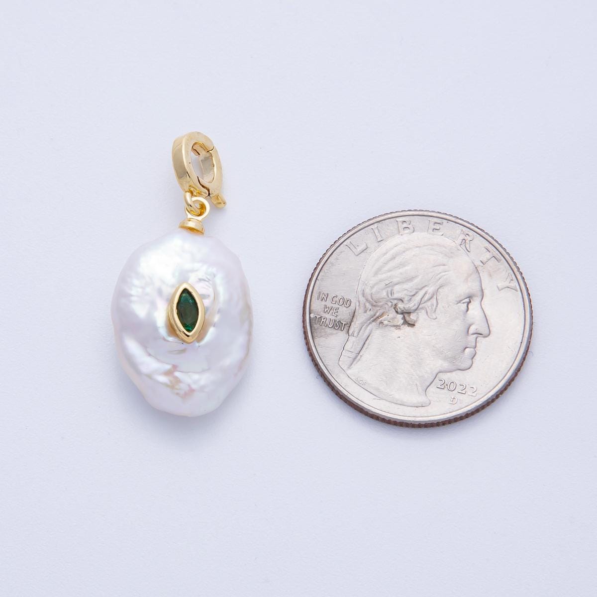 18k Mini White pearl charms With Turquoise Green CZ pendants dainty charm necklace pendant 15 mm pearl drop with bail enhancer | AF-641