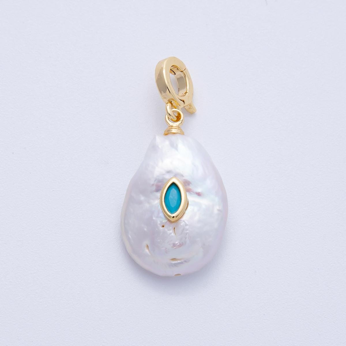 18k Mini White pearl charms With Turquoise Green CZ pendants dainty charm necklace pendant 15 mm pearl drop with bail enhancer | AF-641