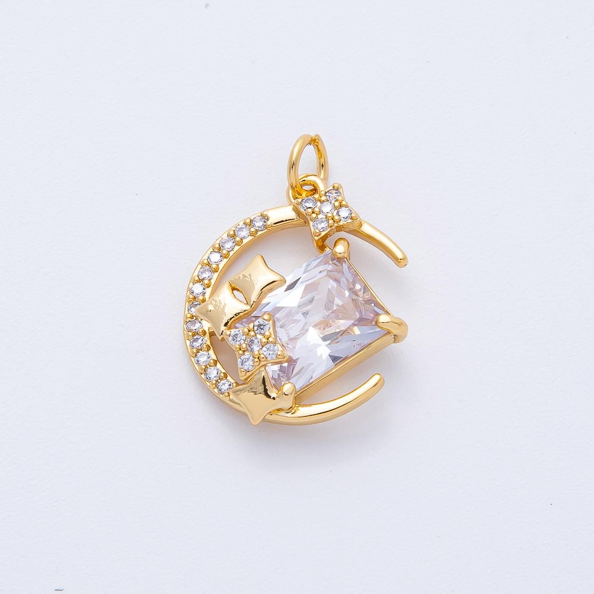 18K Gold Filled CZ Crescent Moon Charm WITH stars 20mm Dainty celestial Charm for Bracelet necklace Minimalist Jewelry supply | AK-155