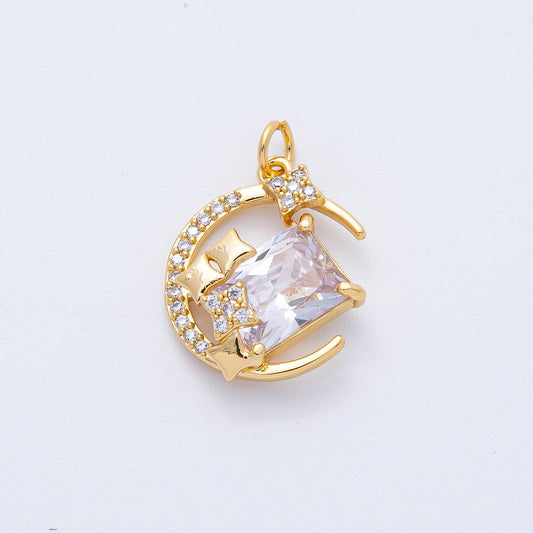 18K Gold Filled CZ Crescent Moon Charm WITH stars 20mm Dainty celestial Charm for Bracelet necklace Minimalist Jewelry supply | AK-155